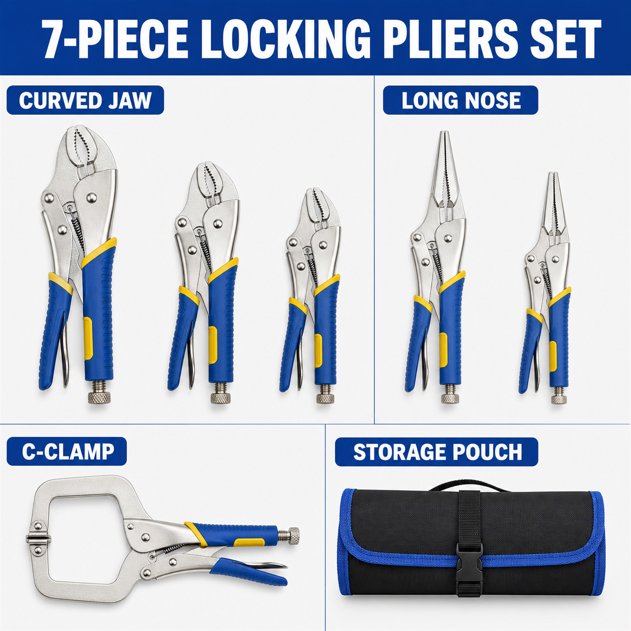6-Piece Locking Pliers Set with Roll-Up Storage Bag, Curved Jaw, Long Nose and C-Clamp Locking Pliers, Adjustable Grip Tools with Non-Slip Handles for Welding, Automotive, Woodworking and Home Repair