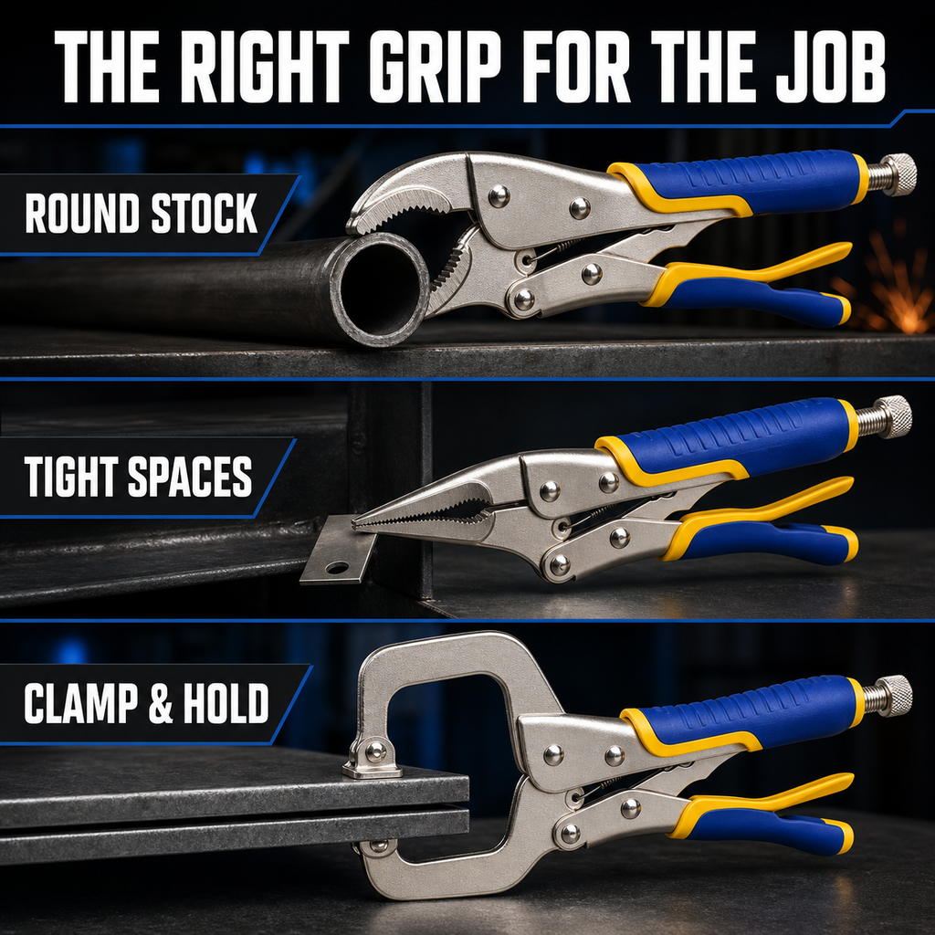 6-Piece Locking Pliers Set with Roll-Up Storage Bag, Curved Jaw, Long Nose and C-Clamp Locking Pliers, Adjustable Grip Tools with Non-Slip Handles for Welding, Automotive, Woodworking and Home Repair