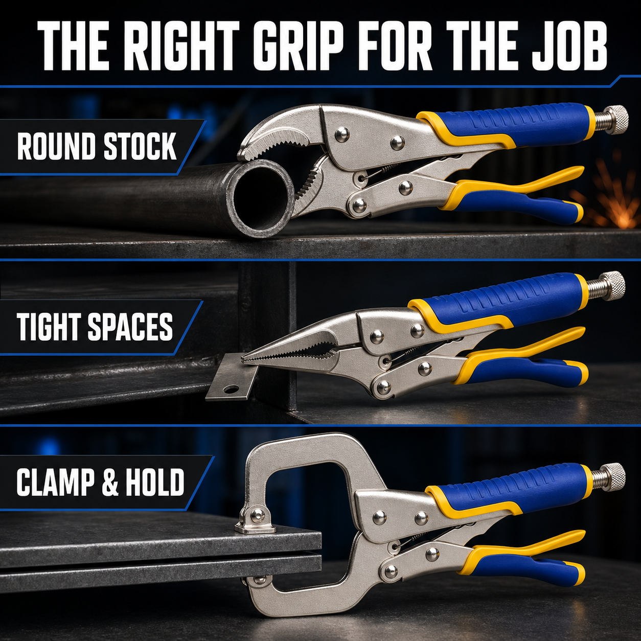 6-Piece Locking Pliers Set with Roll-Up Storage Bag, Curved Jaw, Long Nose and C-Clamp Locking Pliers, Adjustable Grip Tools with Non-Slip Handles for Welding, Automotive, Woodworking and Home Repair