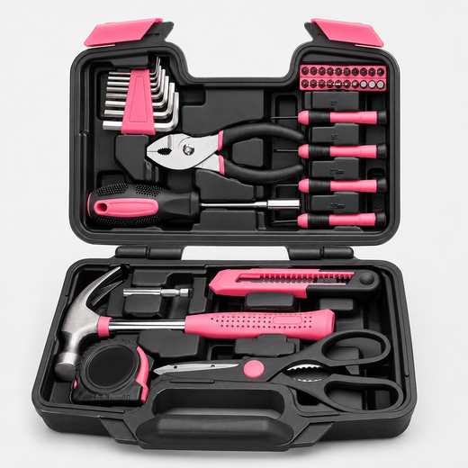 39PCS Pink Tool Set for Women, Household Hand Tool Kit with Hammer, Pliers, Screwdrivers, Tape Measure, Utility Knife, Hex Keys and Bits, Portable Tool Box Set for Home Repair, Apartment, DIY Projects, Gift for Women
