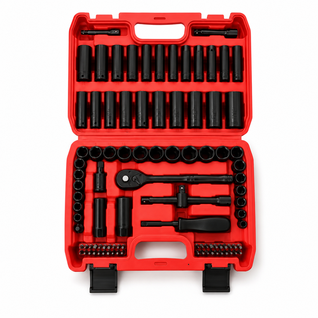 95PCS Socket Wrench Set, Mechanics Tool Kit with Ratchet Handle, Deep and Shallow Sockets, Extension Bars, Screwdriver Bits and T-Handle, Portable Red Tool Box Set for Auto Repair, Garage, Home Maintenance, DIY