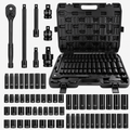 50PCS Socket Set, Mechanics Tool Kit with Ratchet Handle, Deep and Shallow Sockets, Extension Bars and Adapters, SAE Metric Socket Wrench Set in Portable Case for Auto Repair, Garage, Tire, Home Maintenance