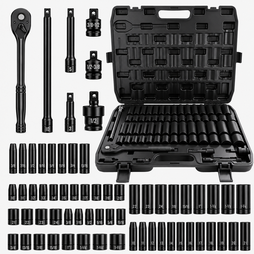 50PCS Socket Set, Mechanics Tool Kit with Ratchet Handle, Deep and Shallow Sockets, Extension Bars and Adapters, SAE Metric Socket Wrench Set in Portable Case for Auto Repair, Garage, Tire, Home Maintenance
