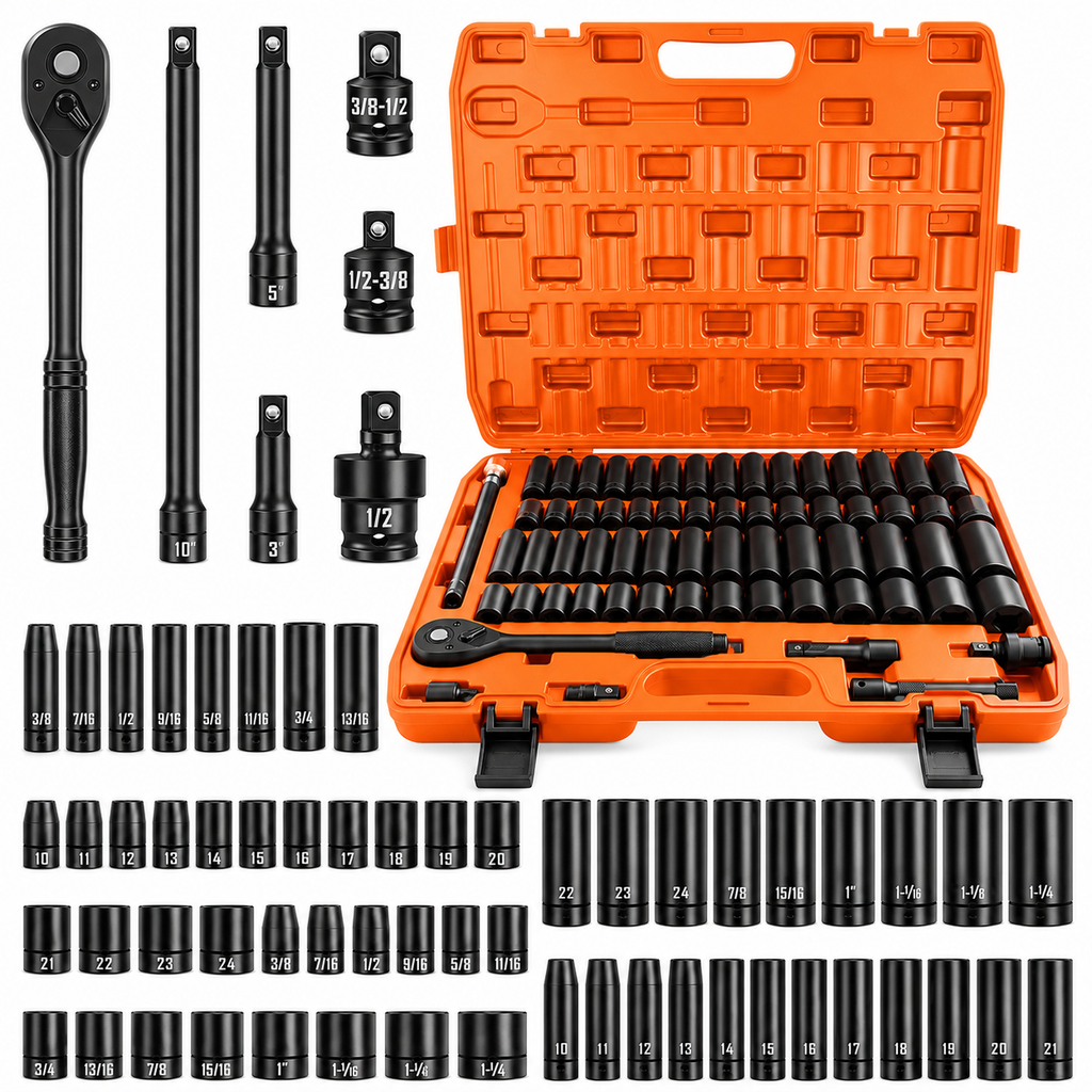 50PCS Socket Set, Mechanics Tool Kit with Ratchet Handle, Deep and Shallow Sockets, Extension Bars and Adapters, SAE Metric Socket Wrench Set in Portable Case for Auto Repair, Garage, Tire, Home Maintenance