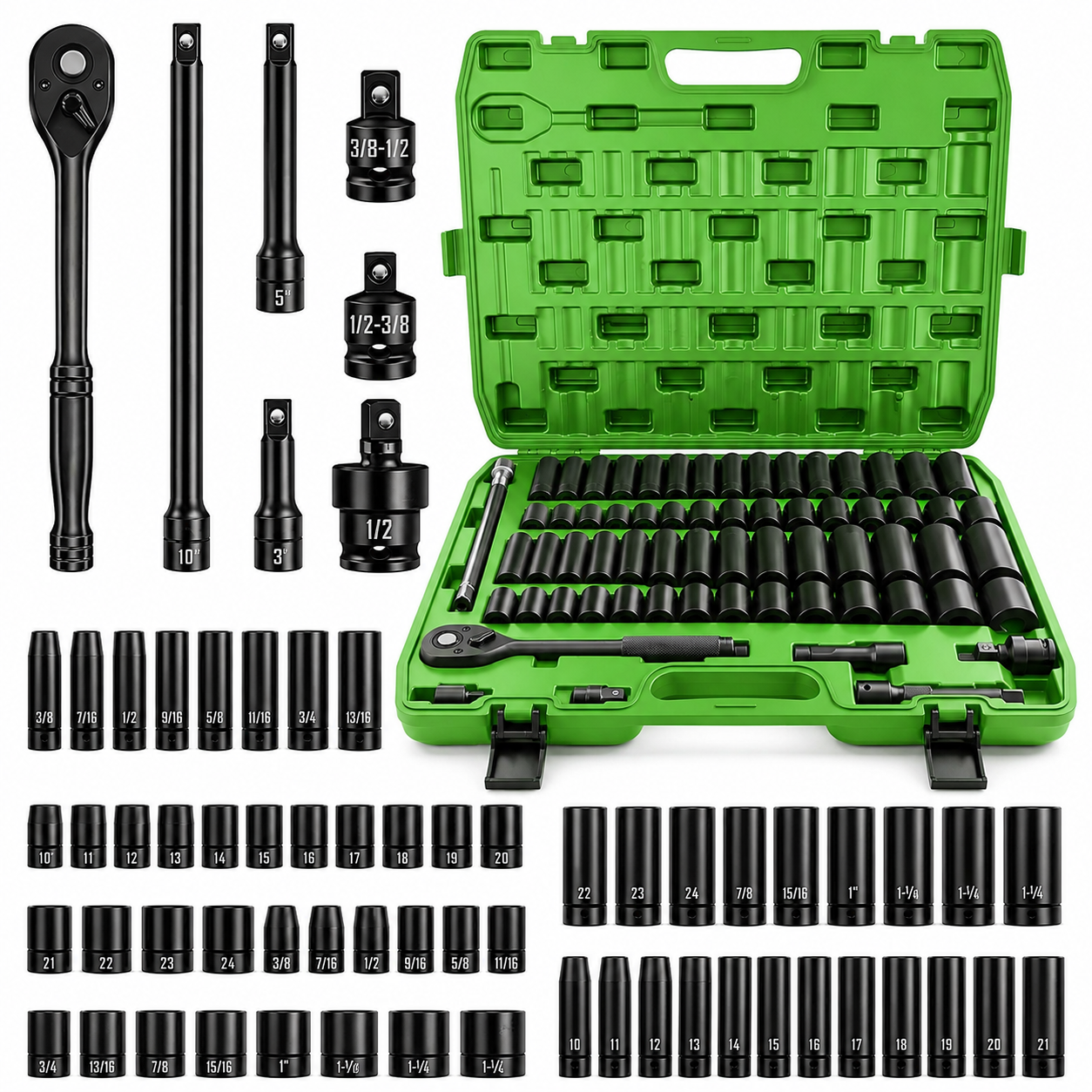 50PCS Socket Set, Mechanics Tool Kit with Ratchet Handle, Deep and Shallow Sockets, Extension Bars and Adapters, SAE Metric Socket Wrench Set in Portable Case for Auto Repair, Garage, Tire, Home Maintenance