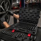 50PCS Socket Set, Mechanics Tool Kit with Ratchet Handle, Deep and Shallow Sockets, Extension Bars and Adapters, SAE Metric Socket Wrench Set in Portable Case for Auto Repair, Garage, Tire, Home Maintenance