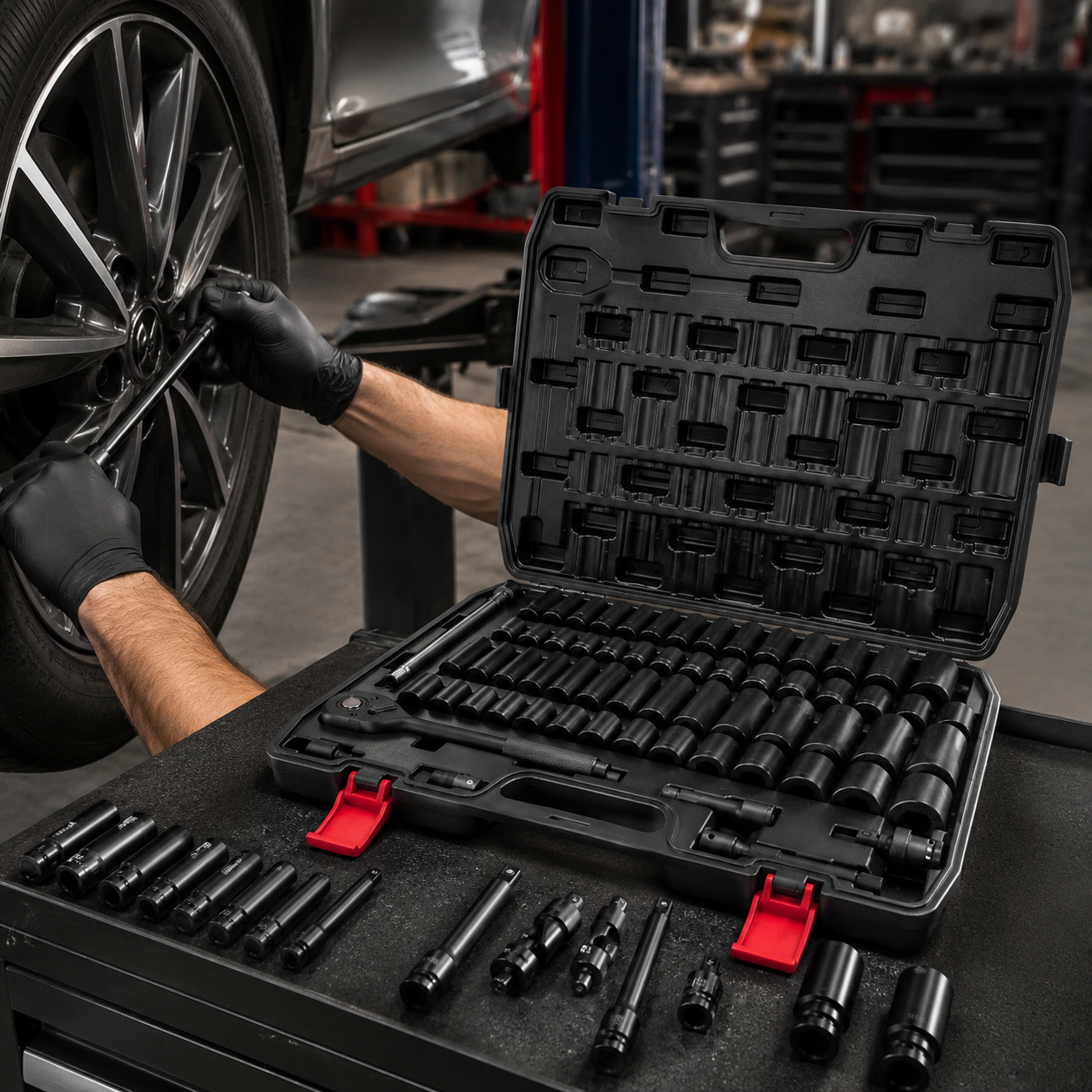 50PCS Socket Set, Mechanics Tool Kit with Ratchet Handle, Deep and Shallow Sockets, Extension Bars and Adapters, SAE Metric Socket Wrench Set in Portable Case for Auto Repair, Garage, Tire, Home Maintenance
