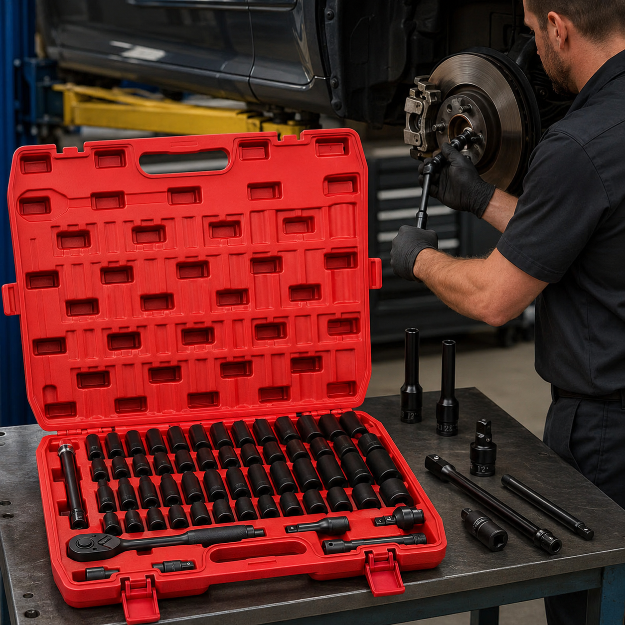 50PCS Socket Set, Mechanics Tool Kit with Ratchet Handle, Deep and Shallow Sockets, Extension Bars and Adapters, SAE Metric Socket Wrench Set in Portable Case for Auto Repair, Garage, Tire, Home Maintenance