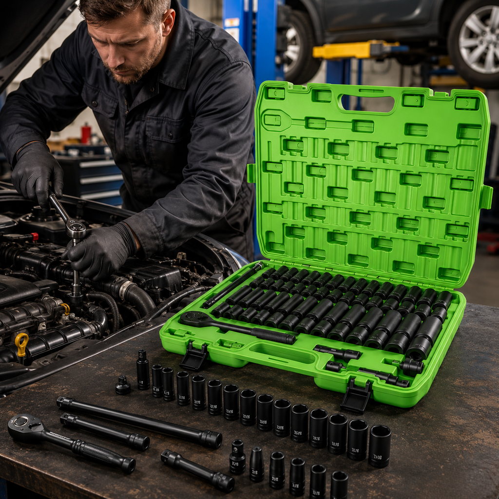 50PCS Socket Set, Mechanics Tool Kit with Ratchet Handle, Deep and Shallow Sockets, Extension Bars and Adapters, SAE Metric Socket Wrench Set in Portable Case for Auto Repair, Garage, Tire, Home Maintenance
