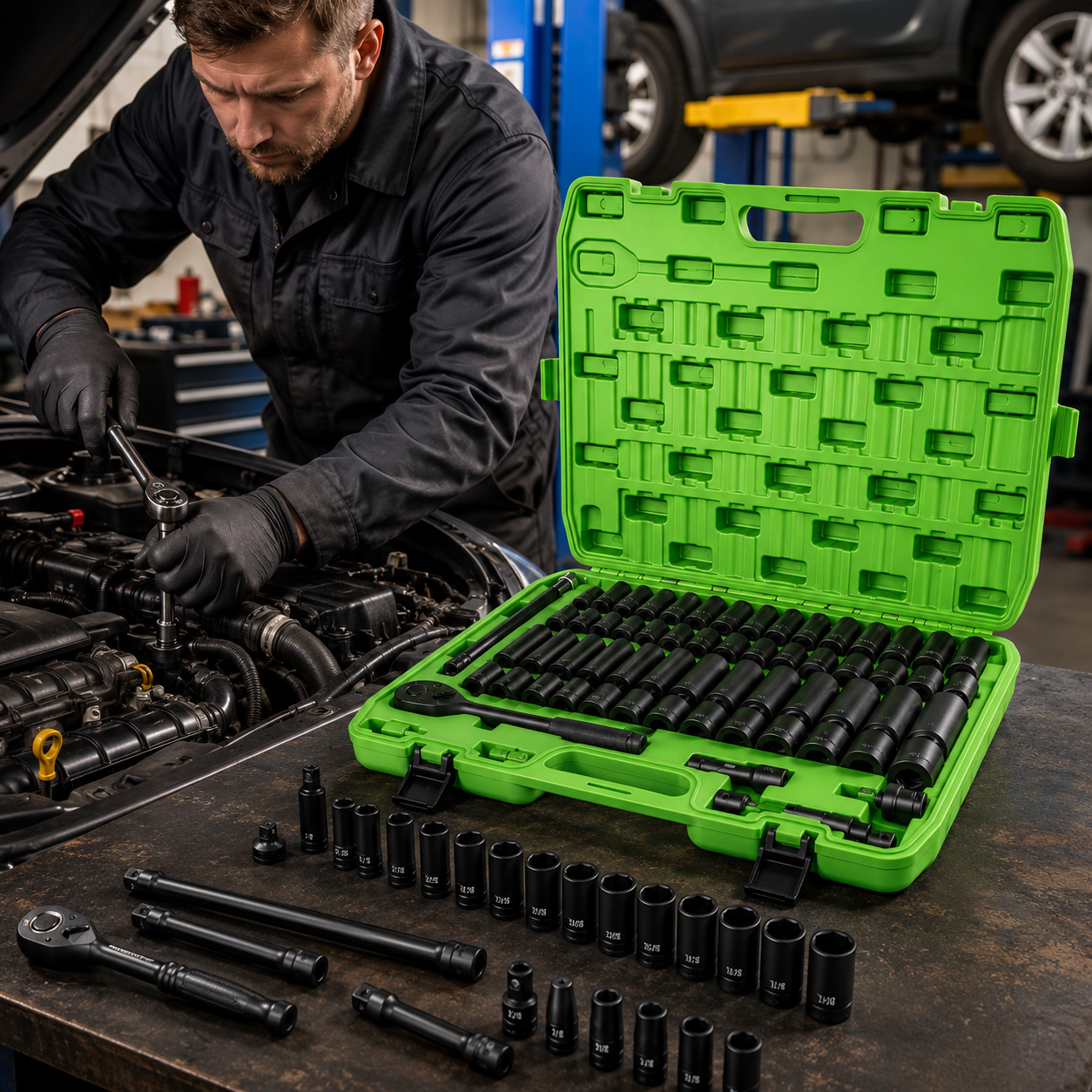 50PCS Socket Set, Mechanics Tool Kit with Ratchet Handle, Deep and Shallow Sockets, Extension Bars and Adapters, SAE Metric Socket Wrench Set in Portable Case for Auto Repair, Garage, Tire, Home Maintenance