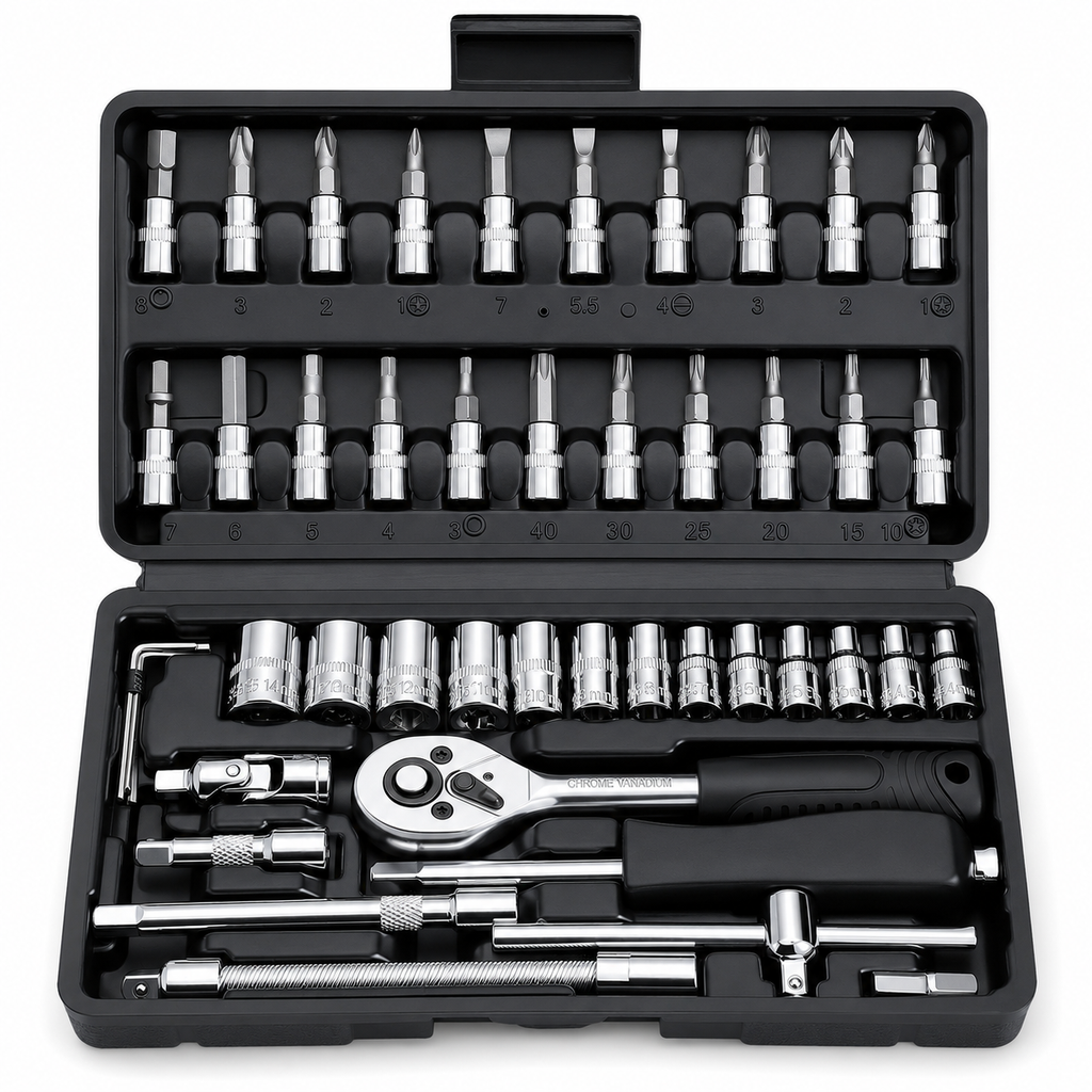 46PCS Socket Wrench Set, 1/4 Inch Drive Ratchet Tool Kit with Metric Sockets, Screwdriver Bits, Extension Bars, Universal Joint and Storage Case, Chrome Vanadium Socket Set for Auto Repair, Home, Garage, DIY