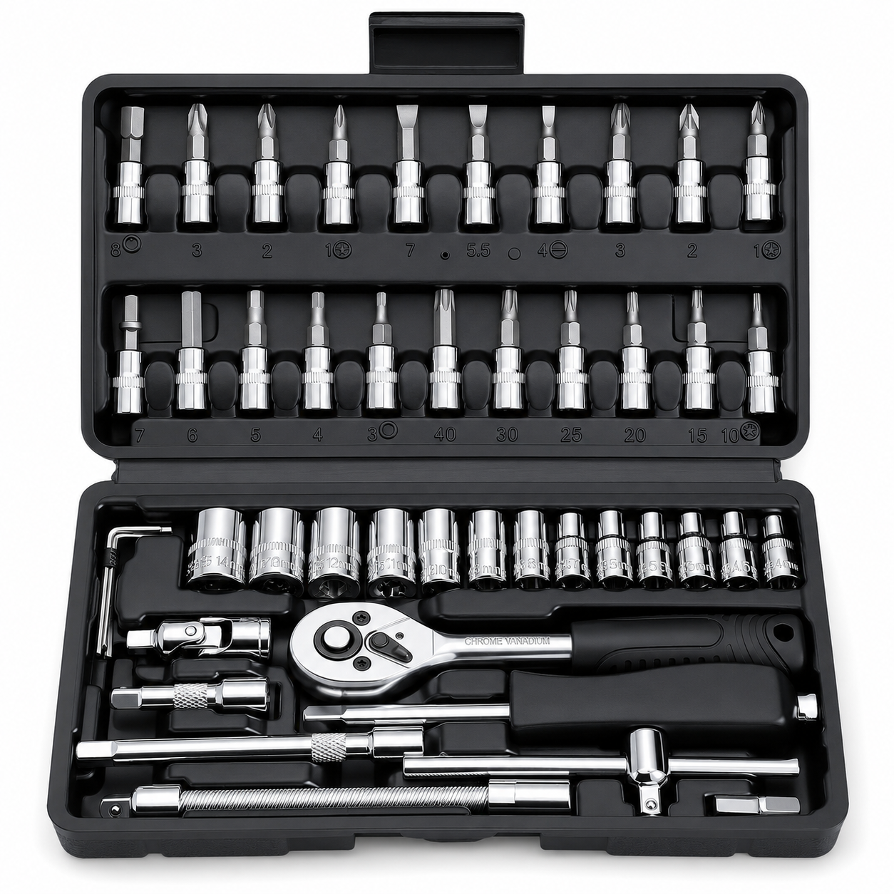 46PCS Socket Wrench Set, 1/4 Inch Drive Ratchet Tool Kit with Metric Sockets, Screwdriver Bits, Extension Bars, Universal Joint and Storage Case, Chrome Vanadium Socket Set for Auto Repair, Home, Garage, DIY