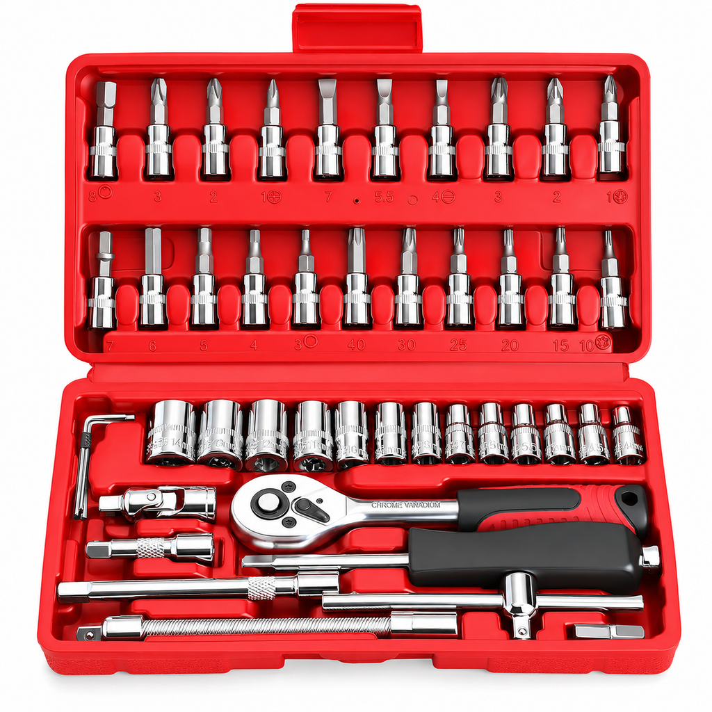 46PCS Socket Wrench Set, 1/4 Inch Drive Ratchet Tool Kit with Metric Sockets, Screwdriver Bits, Extension Bars, Universal Joint and Storage Case, Chrome Vanadium Socket Set for Auto Repair, Home, Garage, DIY