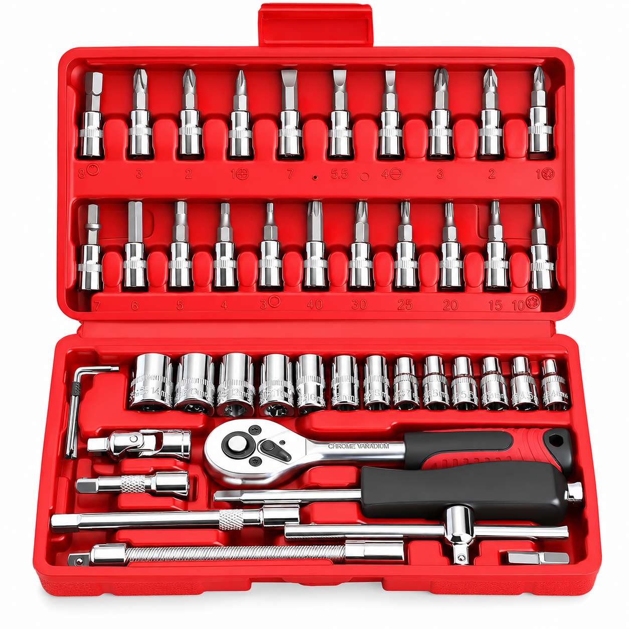 46PCS Socket Wrench Set, 1/4 Inch Drive Ratchet Tool Kit with Metric Sockets, Screwdriver Bits, Extension Bars, Universal Joint and Storage Case, Chrome Vanadium Socket Set for Auto Repair, Home, Garage, DIY