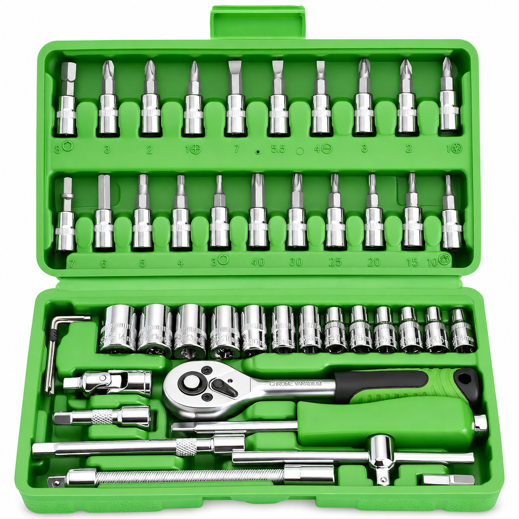 46PCS Socket Wrench Set, 1/4 Inch Drive Ratchet Tool Kit with Metric Sockets, Screwdriver Bits, Extension Bars, Universal Joint and Storage Case, Chrome Vanadium Socket Set for Auto Repair, Home, Garage, DIY