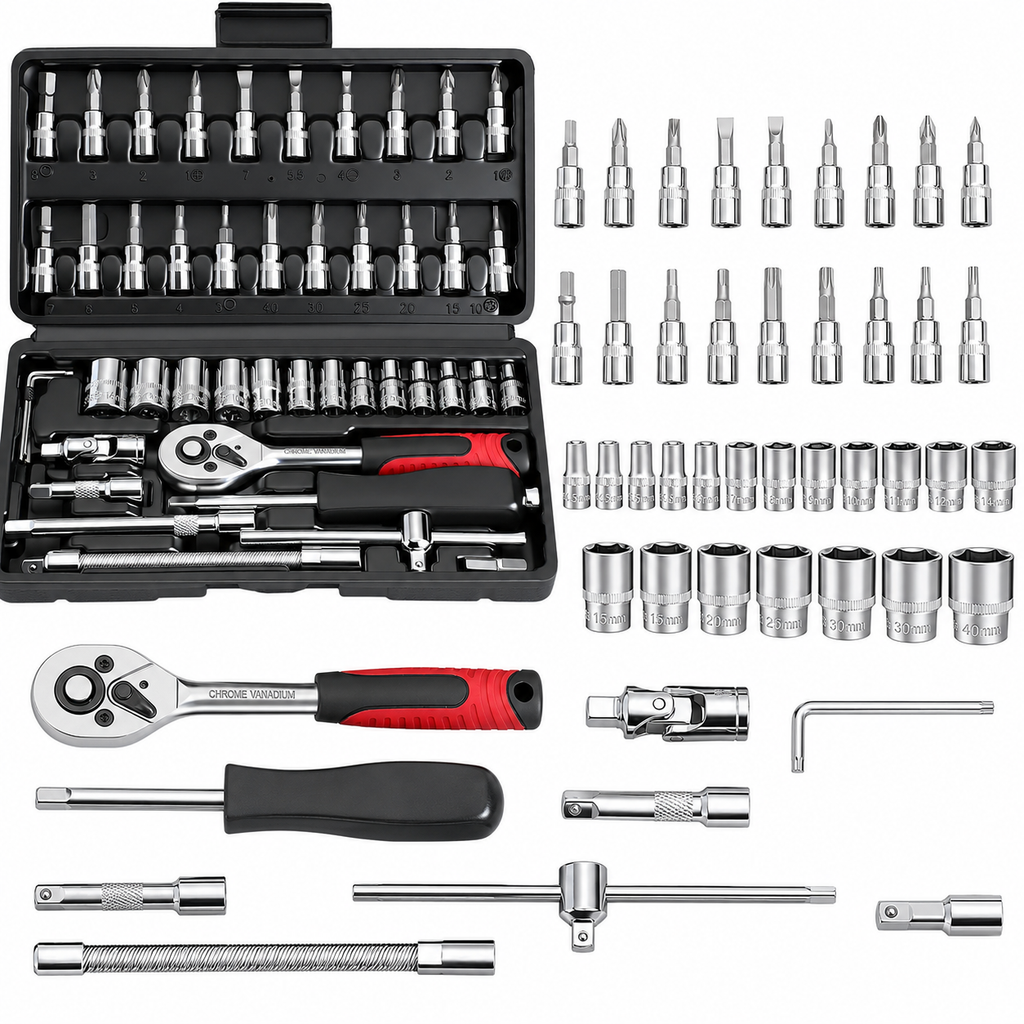 46PCS Socket Wrench Set, 1/4 Inch Drive Ratchet Tool Kit with Metric Sockets, Screwdriver Bits, Extension Bars, Universal Joint and Storage Case, Chrome Vanadium Socket Set for Auto Repair, Home, Garage, DIY