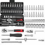 46PCS Socket Wrench Set, 1/4 Inch Drive Ratchet Tool Kit with Metric Sockets, Screwdriver Bits, Extension Bars, Universal Joint and Storage Case, Chrome Vanadium Socket Set for Auto Repair, Home, Garage, DIY
