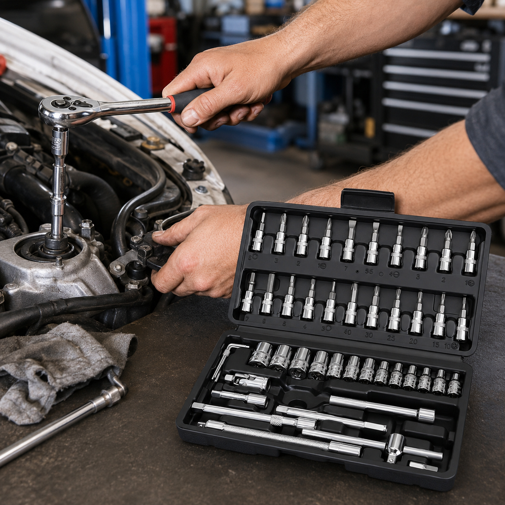 46PCS Socket Wrench Set, 1/4 Inch Drive Ratchet Tool Kit with Metric Sockets, Screwdriver Bits, Extension Bars, Universal Joint and Storage Case, Chrome Vanadium Socket Set for Auto Repair, Home, Garage, DIY