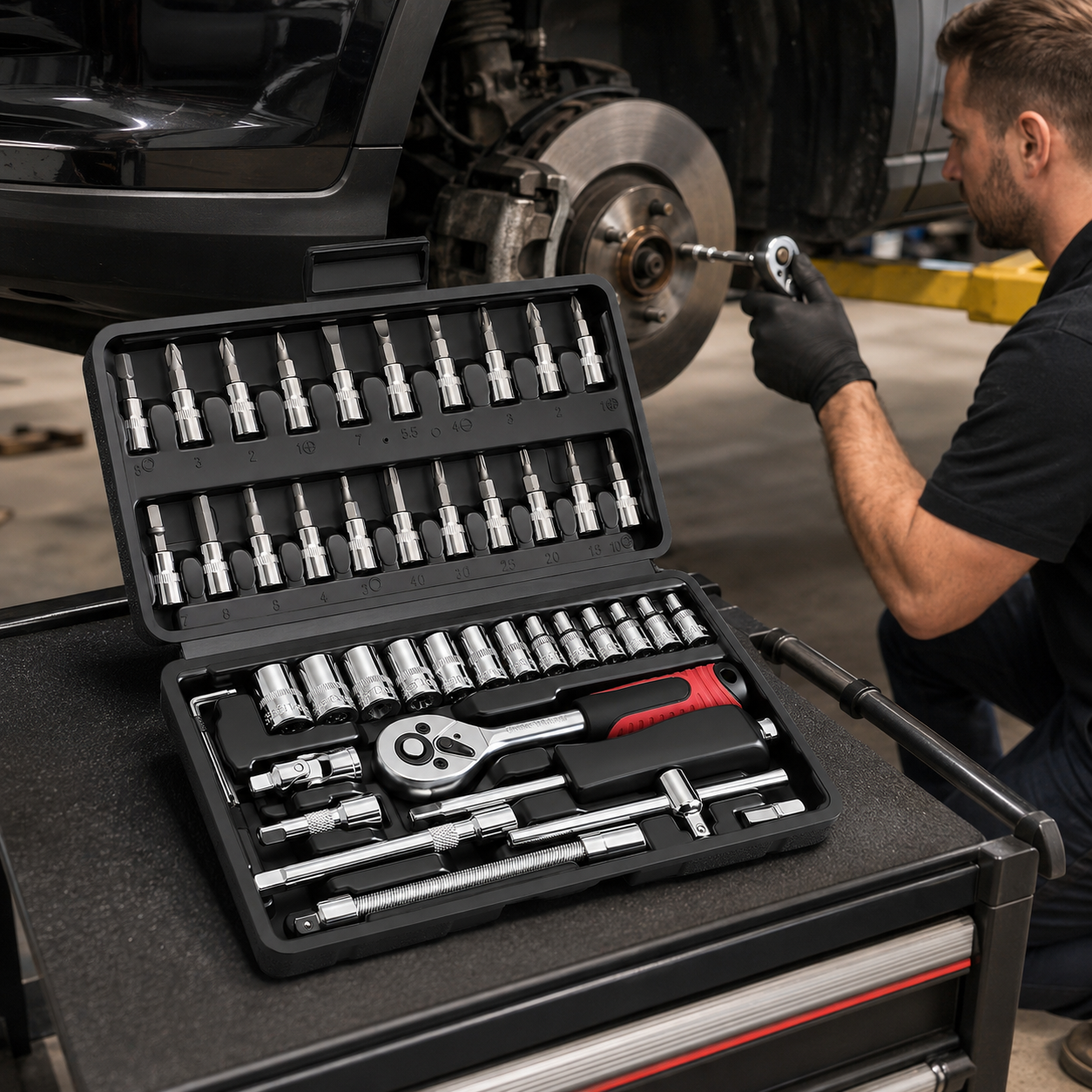 46PCS Socket Wrench Set, 1/4 Inch Drive Ratchet Tool Kit with Metric Sockets, Screwdriver Bits, Extension Bars, Universal Joint and Storage Case, Chrome Vanadium Socket Set for Auto Repair, Home, Garage, DIY