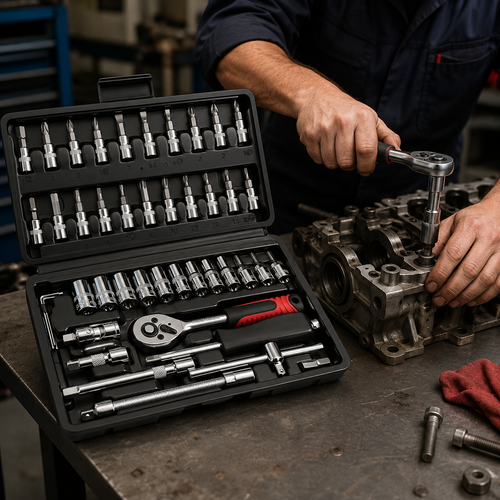 46PCS Socket Wrench Set, 1/4 Inch Drive Ratchet Tool Kit with Metric Sockets, Screwdriver Bits, Extension Bars, Universal Joint and Storage Case, Chrome Vanadium Socket Set for Auto Repair, Home, Garage, DIY