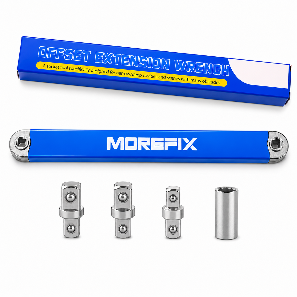 5-Piece Offset Extension Wrench Set with 4 Socket Adapters, Low-Profile Ratchet Extension Tool for Tight Spaces, Deep Recesses and Narrow Areas, Dual-End Drive Bar for Automotive, Machinery, Bicycle and Home Repair