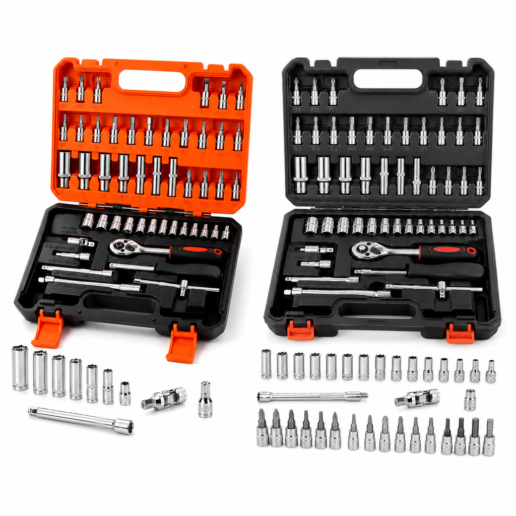 53pc Socket and Bit Set with Ratchet Wrench, Extension Bars, Sliding T-Handle, Assorted Metric Sockets and Bit Sockets, Portable Tool Kit in Storage Case for Auto Repair, Home Maintenance and DIY Use