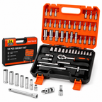 53pc Socket and Bit Set with Ratchet Wrench, Extension Bars, Sliding T-Handle, Assorted Metric Sockets and Bit Sockets, Portable Tool Kit in Storage Case for Auto Repair, Home Maintenance and DIY Use