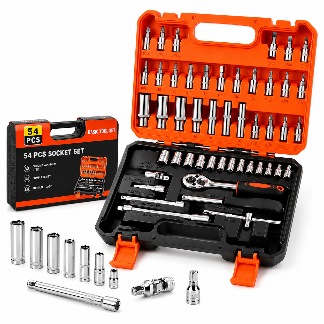 53pc Socket and Bit Set with Ratchet Wrench, Extension Bars, Sliding T-Handle, Assorted Metric Sockets and Bit Sockets, Portable Tool Kit in Storage Case for Auto Repair, Home Maintenance and DIY Use