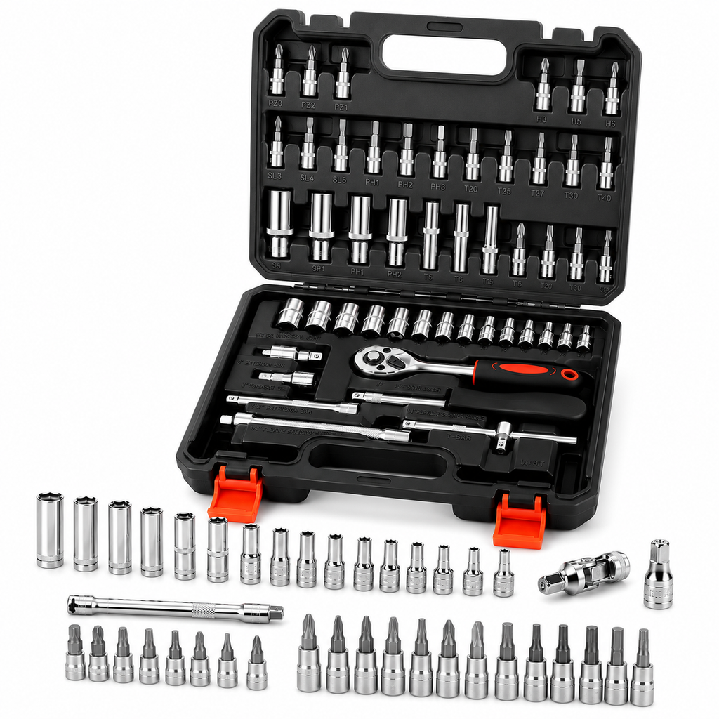 53pc Socket and Bit Set with Ratchet Wrench, Extension Bars, Sliding T-Handle, Assorted Metric Sockets and Bit Sockets, Portable Tool Kit in Storage Case for Auto Repair, Home Maintenance and DIY Use