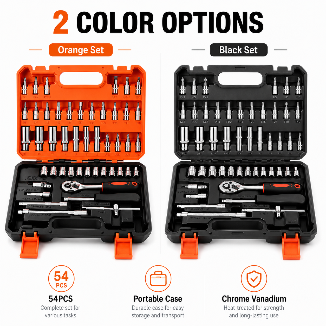 53pc Socket and Bit Set with Ratchet Wrench, Extension Bars, Sliding T-Handle, Assorted Metric Sockets and Bit Sockets, Portable Tool Kit in Storage Case for Auto Repair, Home Maintenance and DIY Use