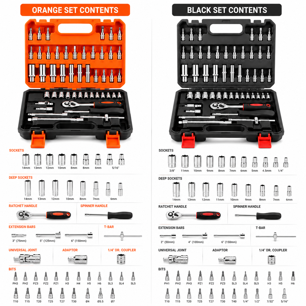 53pc Socket and Bit Set with Ratchet Wrench, Extension Bars, Sliding T-Handle, Assorted Metric Sockets and Bit Sockets, Portable Tool Kit in Storage Case for Auto Repair, Home Maintenance and DIY Use
