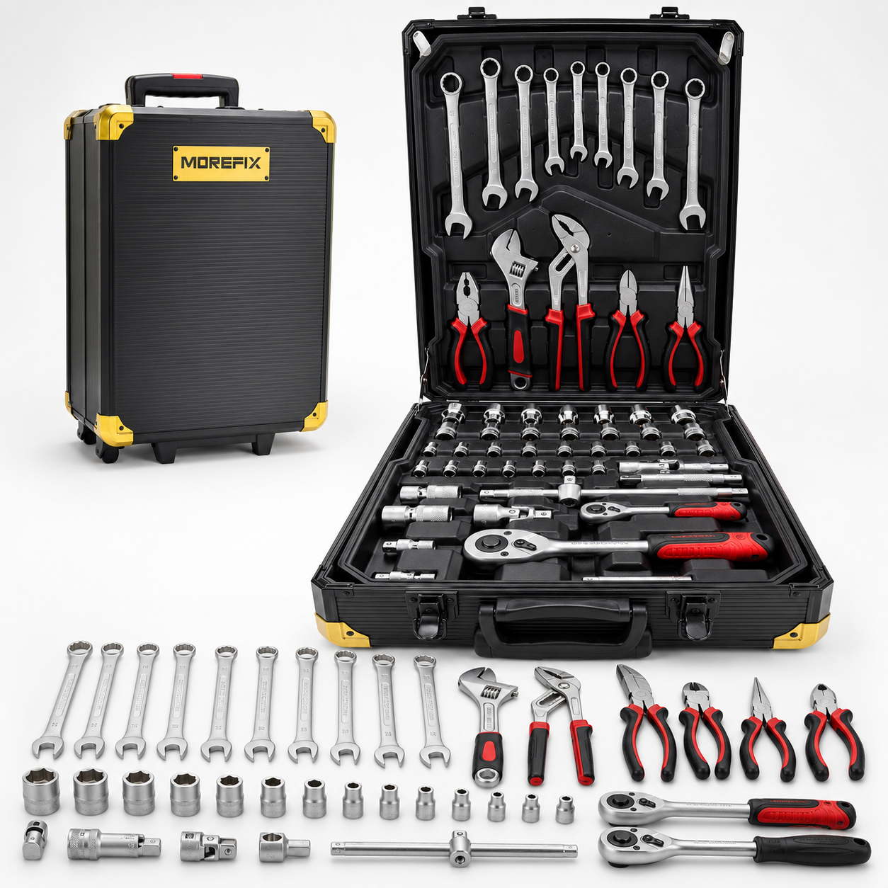899-Piece Mechanics Tool Set with Rolling Aluminum Tool Box, Complete Household Hand Tool Kit with Sockets, Ratchet Wrenches, Combination Wrenches, Pliers and Screwdrivers for Automotive Repair, Home Maintenance and DIY Projects**