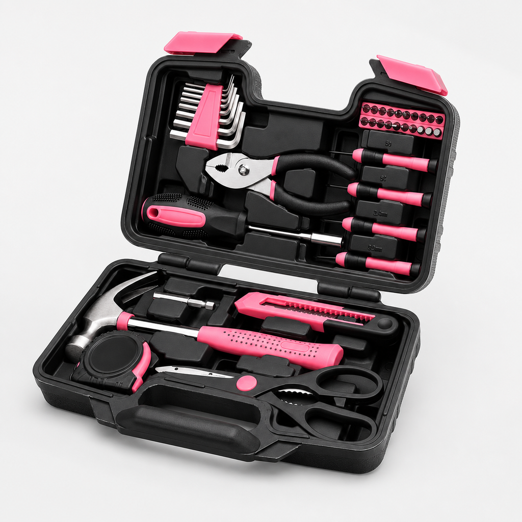 39PCS Pink Tool Set for Women, Household Hand Tool Kit with Hammer, Pliers, Screwdrivers, Tape Measure, Utility Knife, Hex Keys and Bits, Portable Tool Box Set for Home Repair, Apartment, DIY Projects, Gift for Women