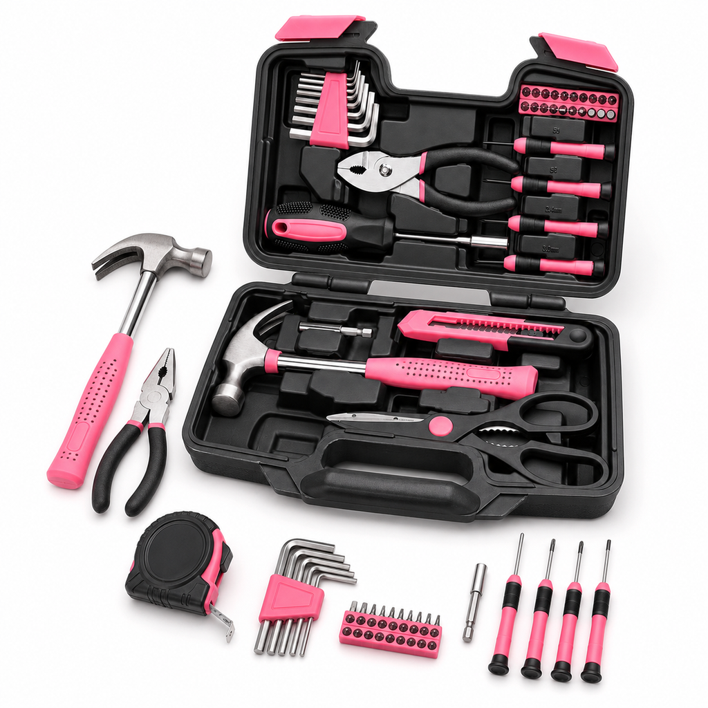 39PCS Pink Tool Set for Women, Household Hand Tool Kit with Hammer, Pliers, Screwdrivers, Tape Measure, Utility Knife, Hex Keys and Bits, Portable Tool Box Set for Home Repair, Apartment, DIY Projects, Gift for Women