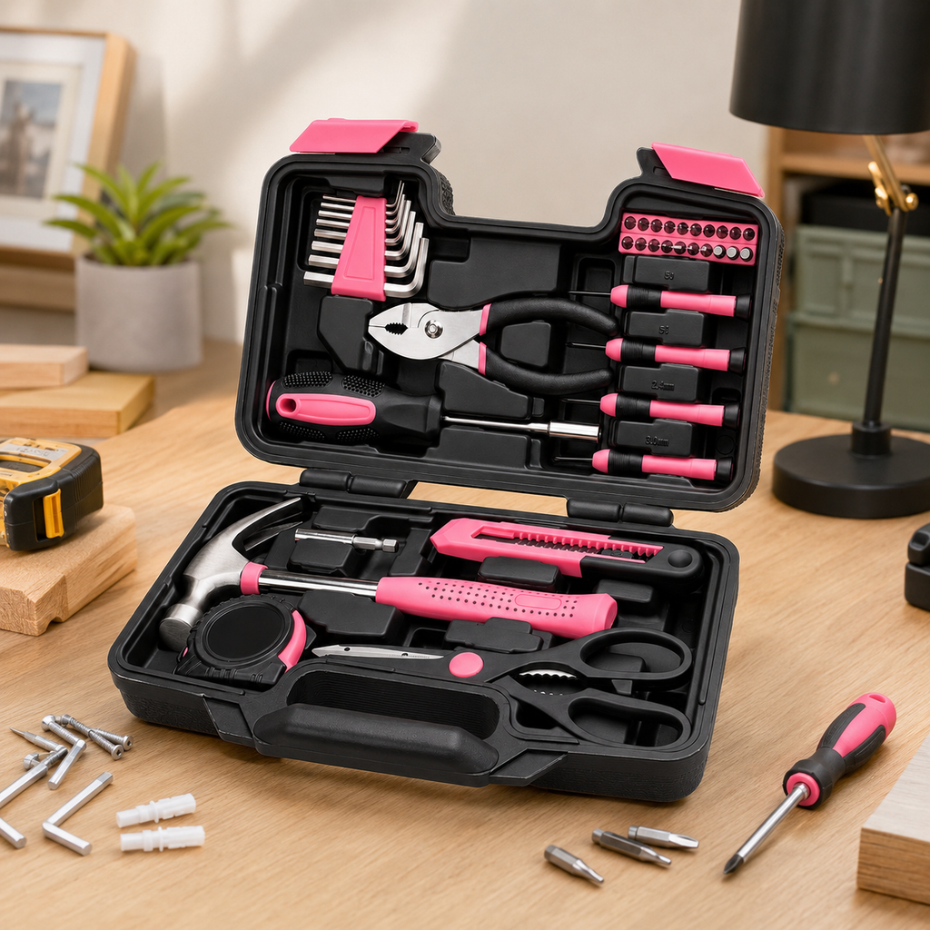 39PCS Pink Tool Set for Women, Household Hand Tool Kit with Hammer, Pliers, Screwdrivers, Tape Measure, Utility Knife, Hex Keys and Bits, Portable Tool Box Set for Home Repair, Apartment, DIY Projects, Gift for Women