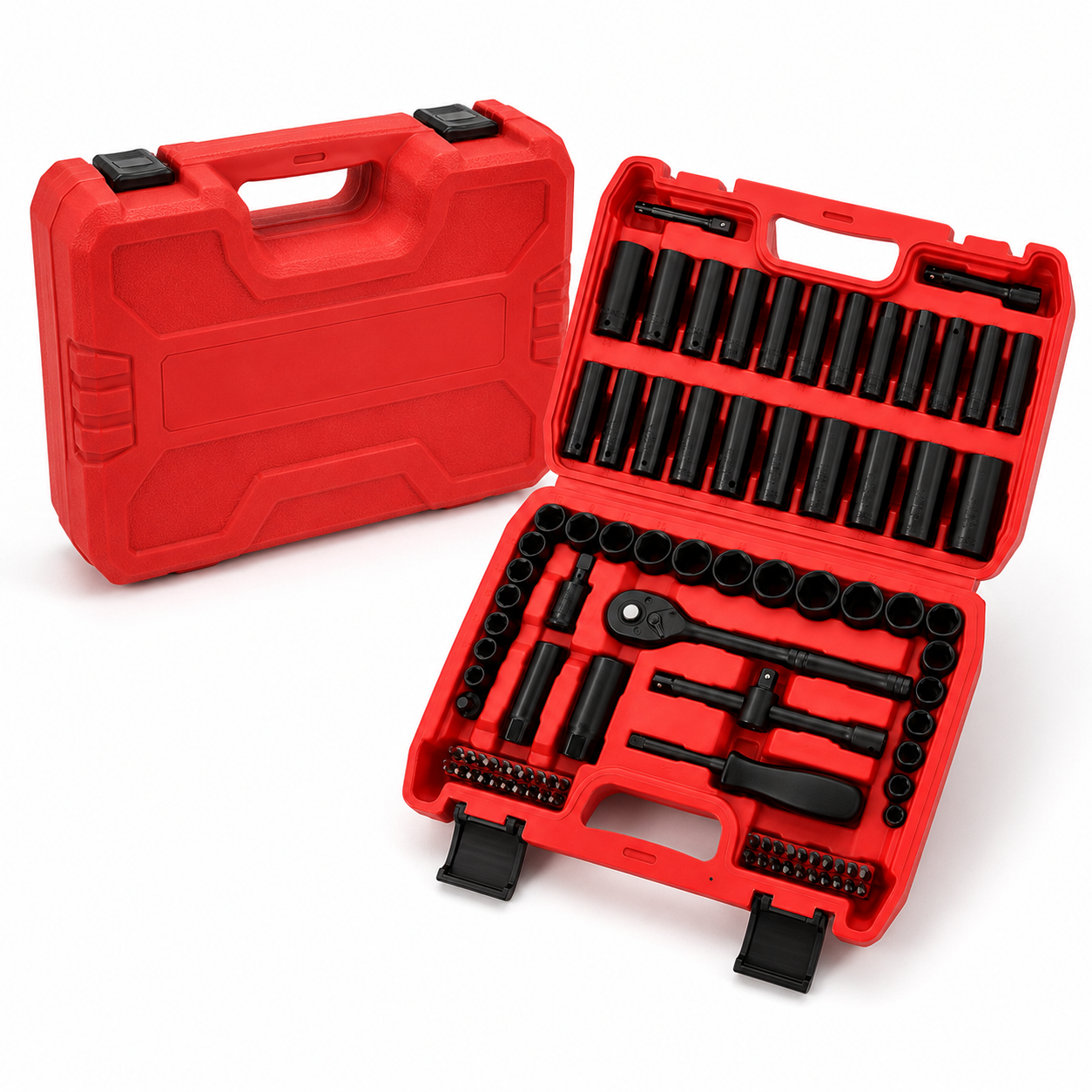 95PCS Socket Wrench Set, Mechanics Tool Kit with Ratchet Handle, Deep and Shallow Sockets, Extension Bars, Screwdriver Bits and T-Handle, Portable Red Tool Box Set for Auto Repair, Garage, Home Maintenance, DIY