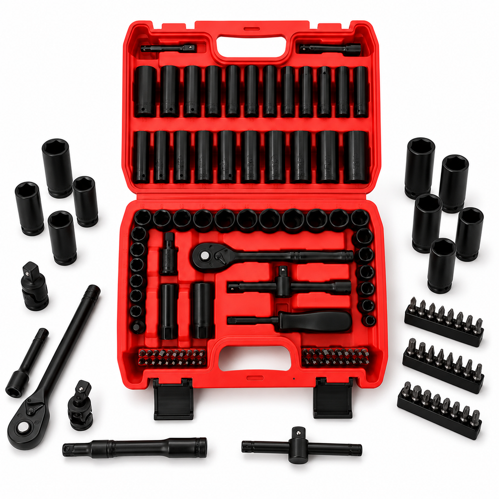 95PCS Socket Wrench Set, Mechanics Tool Kit with Ratchet Handle, Deep and Shallow Sockets, Extension Bars, Screwdriver Bits and T-Handle, Portable Red Tool Box Set for Auto Repair, Garage, Home Maintenance, DIY