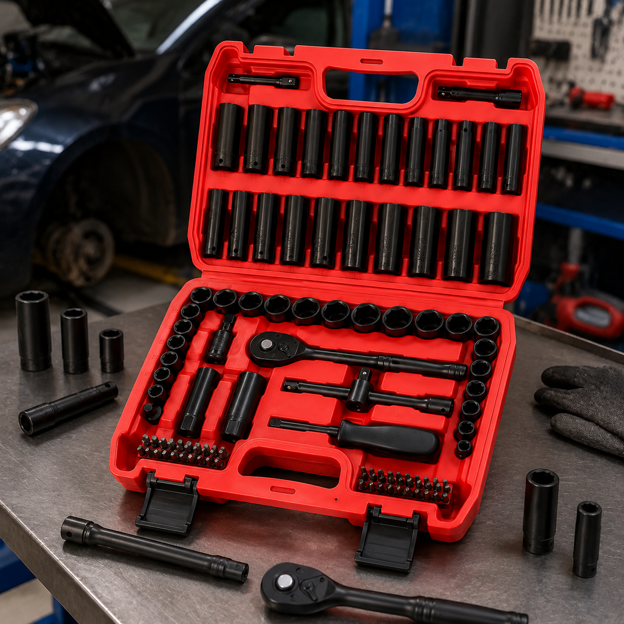 95PCS Socket Wrench Set, Mechanics Tool Kit with Ratchet Handle, Deep and Shallow Sockets, Extension Bars, Screwdriver Bits and T-Handle, Portable Red Tool Box Set for Auto Repair, Garage, Home Maintenance, DIY