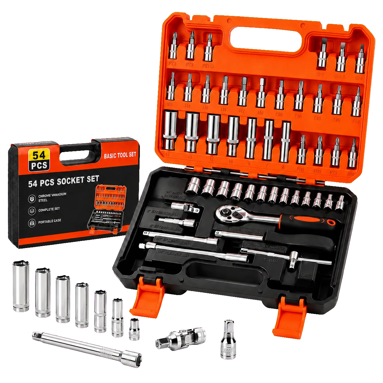 53pc Socket and Bit Set with Ratchet Wrench, Extension Bars, Sliding T-Handle, Assorted Metric Sockets and Bit Sockets, Portable Tool Kit in Storage Case for Auto Repair, Home Maintenance and DIY Use
